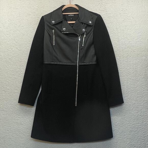 Express Jackets & Blazers - Express Motorcycle Coat Womens XS Black Wool Faux Leather Jacket Long Zip Moto
